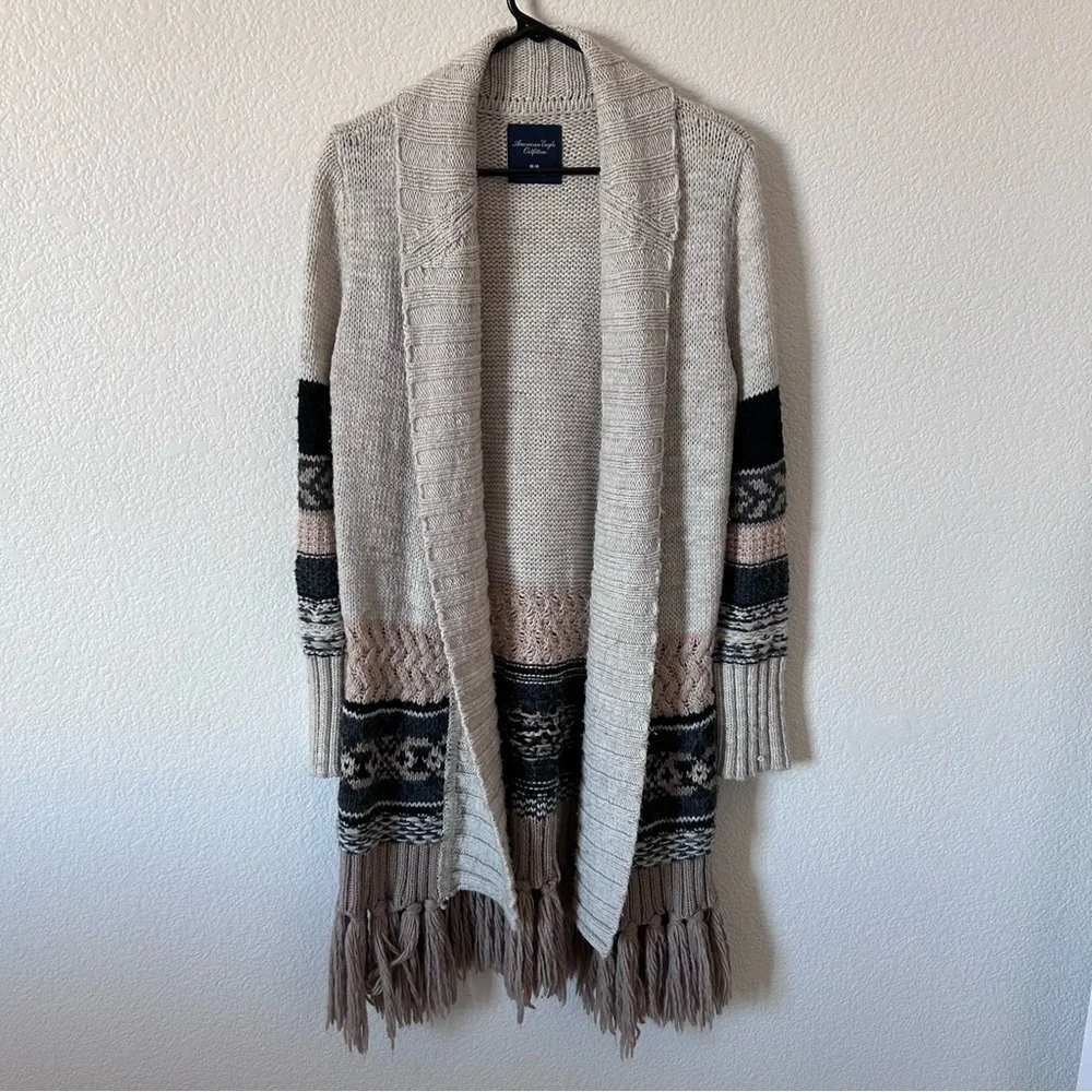 American Eagle Outfitters Beige Boho Fringe Patterned Long Cardigan